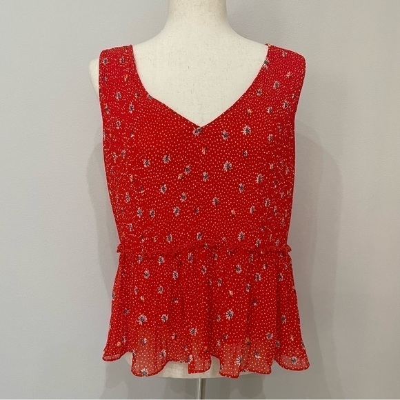 ZARA Red Floral Daisy Printed Pleated Sleeveless Blouse V-Neck Top Size Small - Picture 5 of 14